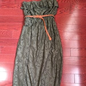 Olive Green Strapless Lace Maxi Dress. Sz. M